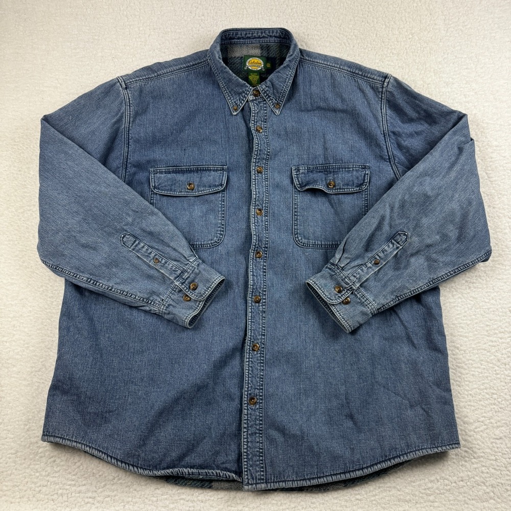 Cabelas Shacket Mens 2XLT Blue Denim Workwear‎ Outdoor Button Down Retro Vintage